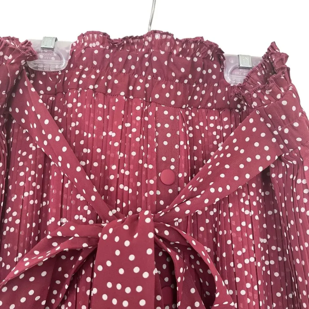 Zara Burgundy Red Polka Dot Print Pleated Tie Waist Maxi Skirt Size XL